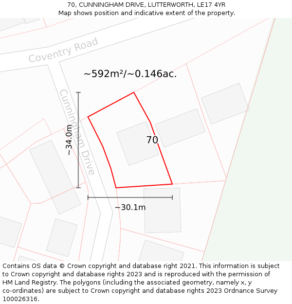 70, CUNNINGHAM DRIVE, LUTTERWORTH, LE17 4YR: Plot and title map