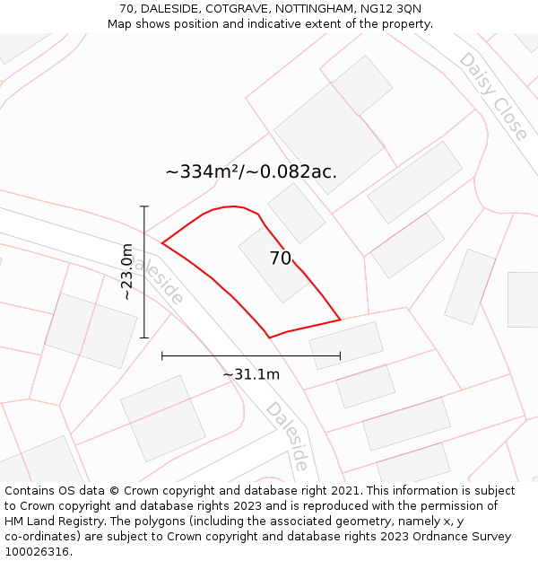 70, DALESIDE, COTGRAVE, NOTTINGHAM, NG12 3QN: Plot and title map