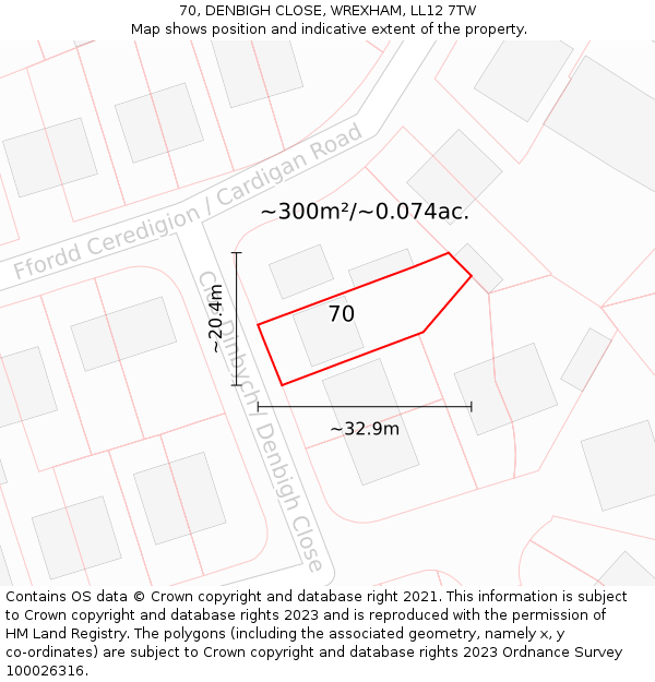 70, DENBIGH CLOSE, WREXHAM, LL12 7TW: Plot and title map
