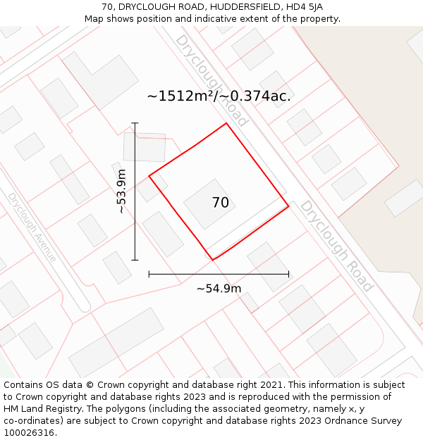 70, DRYCLOUGH ROAD, HUDDERSFIELD, HD4 5JA: Plot and title map