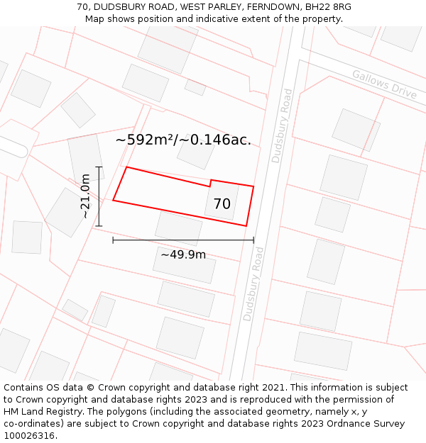 70, DUDSBURY ROAD, WEST PARLEY, FERNDOWN, BH22 8RG: Plot and title map
