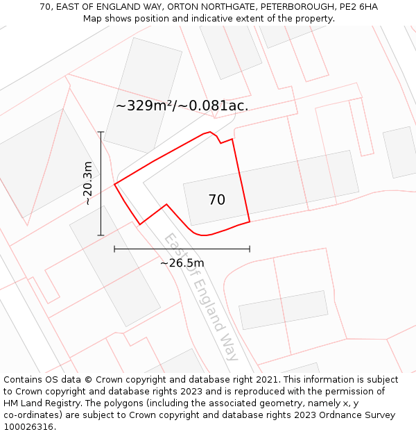 70, EAST OF ENGLAND WAY, ORTON NORTHGATE, PETERBOROUGH, PE2 6HA: Plot and title map