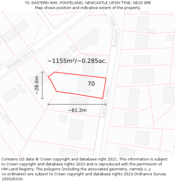 70, EASTERN WAY, PONTELAND, NEWCASTLE UPON TYNE, NE20 9RE: Plot and title map