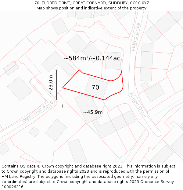 70, ELDRED DRIVE, GREAT CORNARD, SUDBURY, CO10 0YZ: Plot and title map