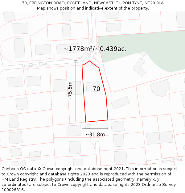 70, ERRINGTON ROAD, PONTELAND, NEWCASTLE UPON TYNE, NE20 9LA: Plot and title map