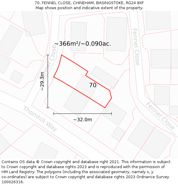 70, FENNEL CLOSE, CHINEHAM, BASINGSTOKE, RG24 8XF: Plot and title map