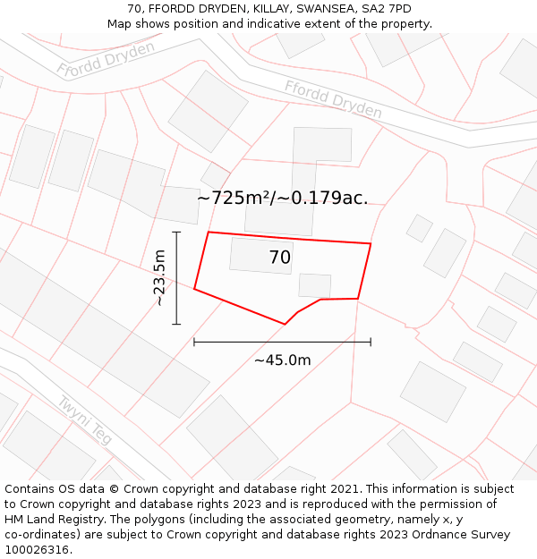 70, FFORDD DRYDEN, KILLAY, SWANSEA, SA2 7PD: Plot and title map
