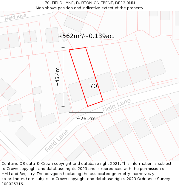 70, FIELD LANE, BURTON-ON-TRENT, DE13 0NN: Plot and title map