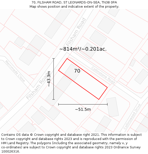 70, FILSHAM ROAD, ST LEONARDS-ON-SEA, TN38 0PA: Plot and title map
