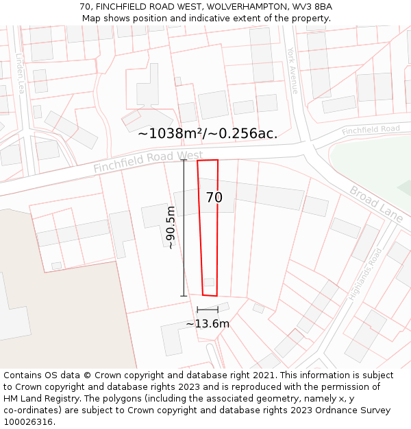 70, FINCHFIELD ROAD WEST, WOLVERHAMPTON, WV3 8BA: Plot and title map