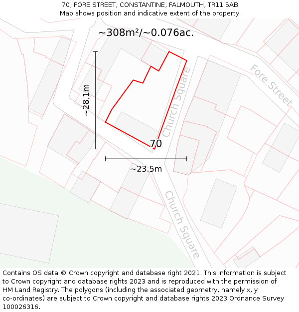 70, FORE STREET, CONSTANTINE, FALMOUTH, TR11 5AB: Plot and title map