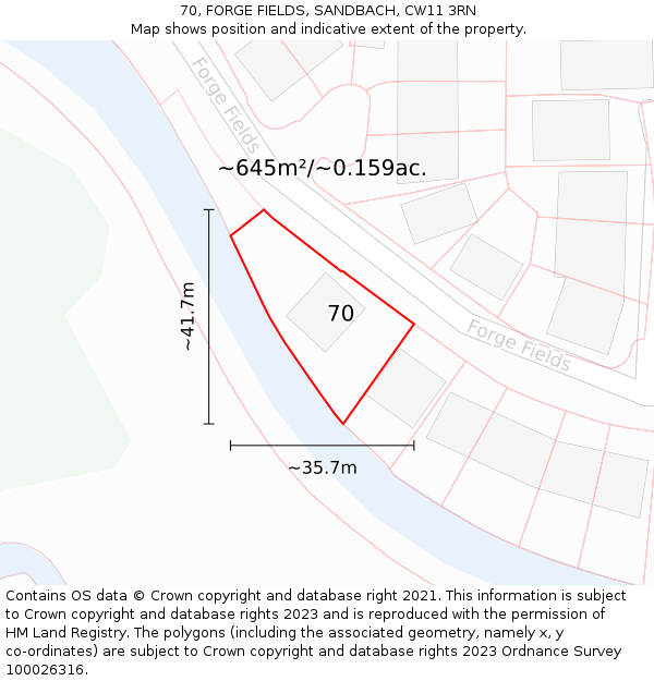 70, FORGE FIELDS, SANDBACH, CW11 3RN: Plot and title map