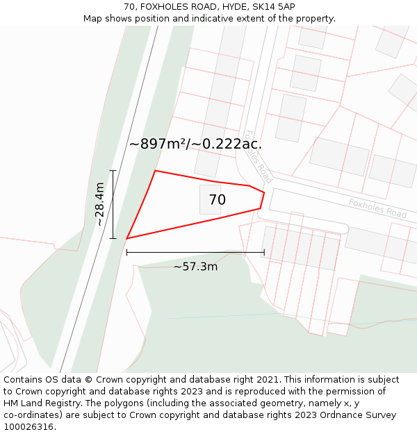 70, FOXHOLES ROAD, HYDE, SK14 5AP: Plot and title map