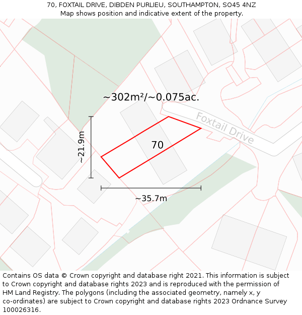 70, FOXTAIL DRIVE, DIBDEN PURLIEU, SOUTHAMPTON, SO45 4NZ: Plot and title map