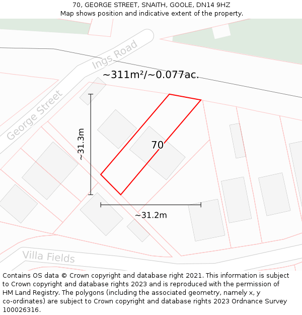 70, GEORGE STREET, SNAITH, GOOLE, DN14 9HZ: Plot and title map