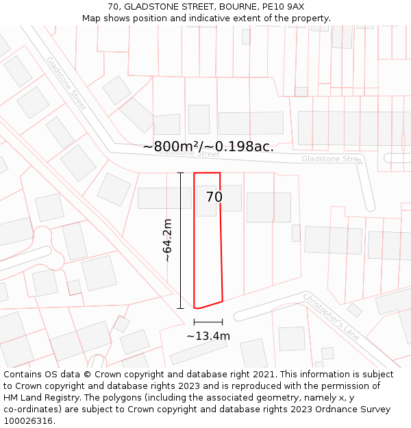 70, GLADSTONE STREET, BOURNE, PE10 9AX: Plot and title map