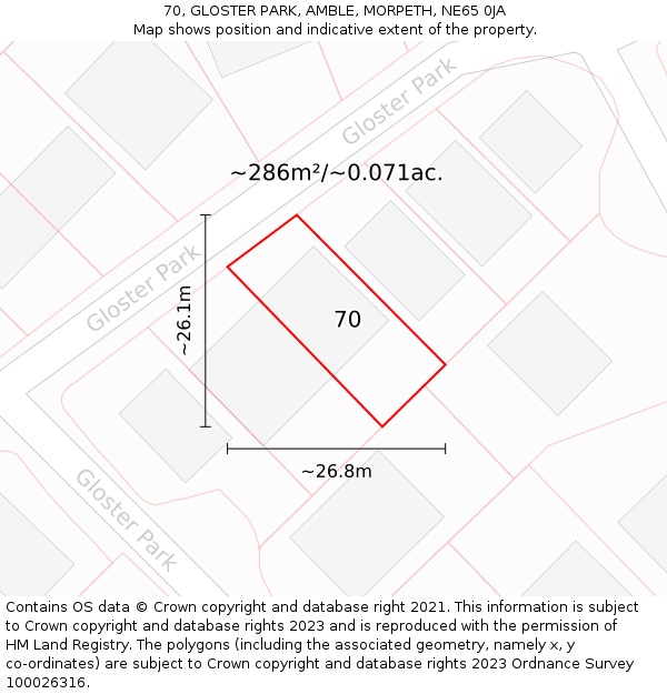 70, GLOSTER PARK, AMBLE, MORPETH, NE65 0JA: Plot and title map
