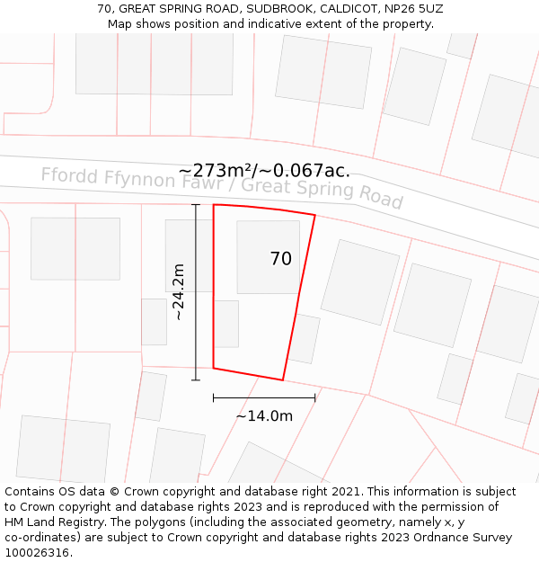 70, GREAT SPRING ROAD, SUDBROOK, CALDICOT, NP26 5UZ: Plot and title map