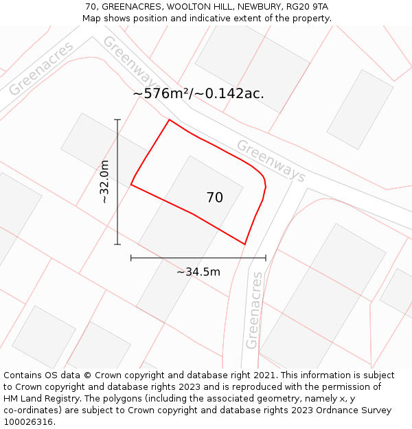 70, GREENACRES, WOOLTON HILL, NEWBURY, RG20 9TA: Plot and title map