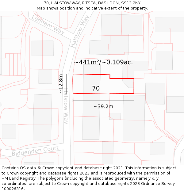 70, HALSTOW WAY, PITSEA, BASILDON, SS13 2NY: Plot and title map