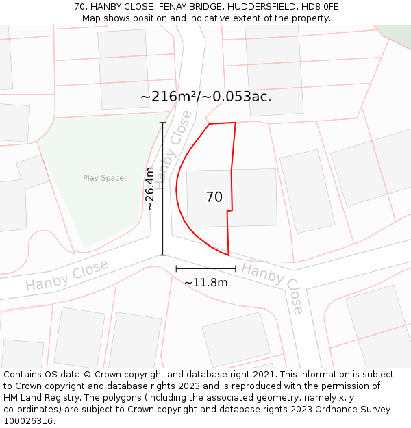 70, HANBY CLOSE, FENAY BRIDGE, HUDDERSFIELD, HD8 0FE: Plot and title map