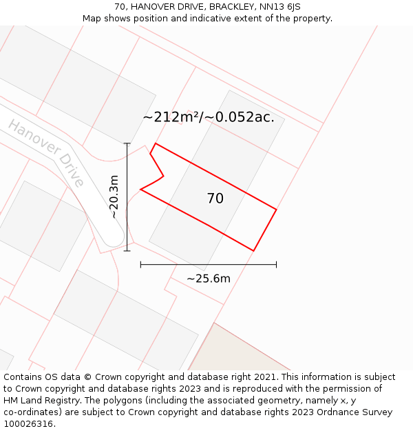 70, HANOVER DRIVE, BRACKLEY, NN13 6JS: Plot and title map