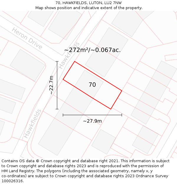 70, HAWKFIELDS, LUTON, LU2 7NW: Plot and title map