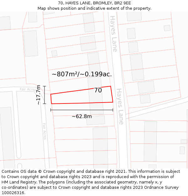 70, HAYES LANE, BROMLEY, BR2 9EE: Plot and title map