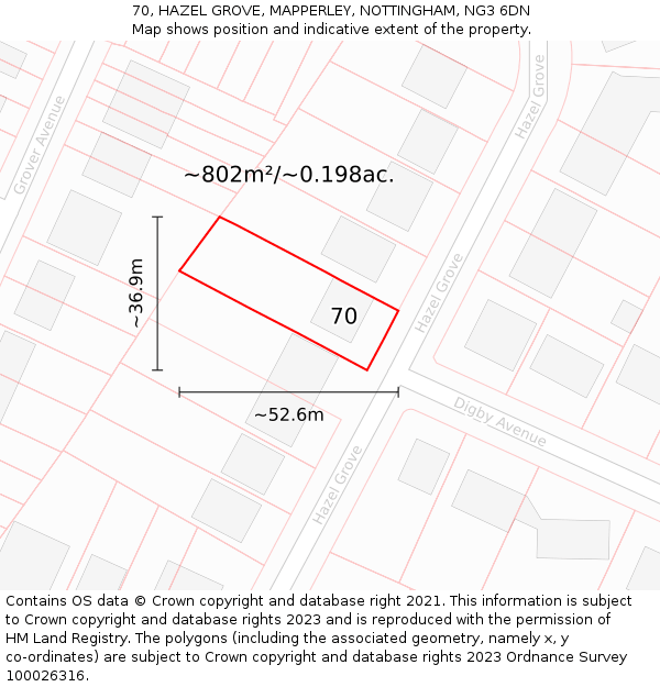 70, HAZEL GROVE, MAPPERLEY, NOTTINGHAM, NG3 6DN: Plot and title map