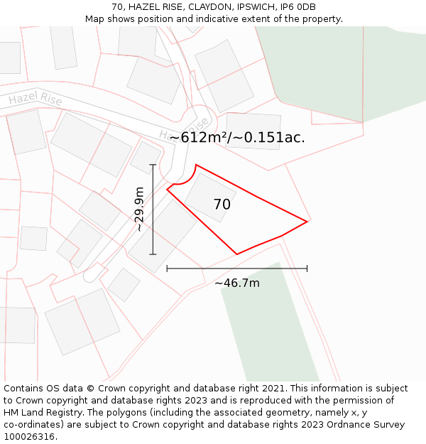 70, HAZEL RISE, CLAYDON, IPSWICH, IP6 0DB: Plot and title map
