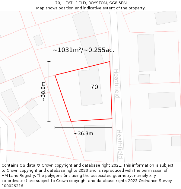 70, HEATHFIELD, ROYSTON, SG8 5BN: Plot and title map