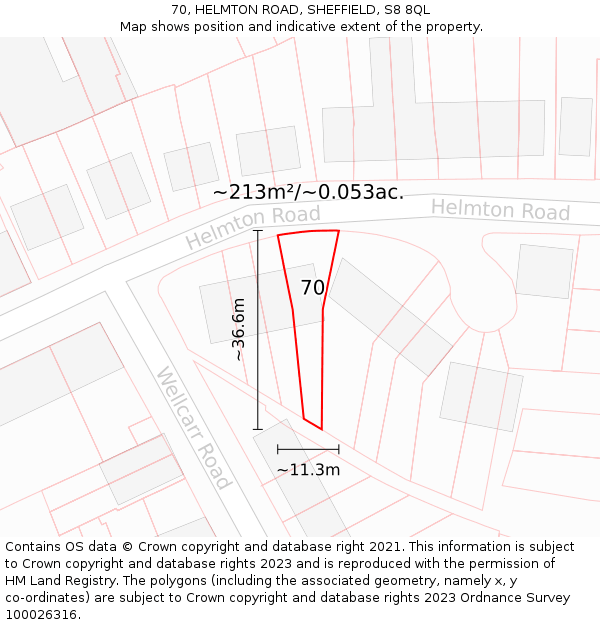 70, HELMTON ROAD, SHEFFIELD, S8 8QL: Plot and title map