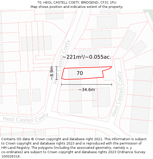 70, HEOL CASTELL COETY, BRIDGEND, CF31 1PU: Plot and title map
