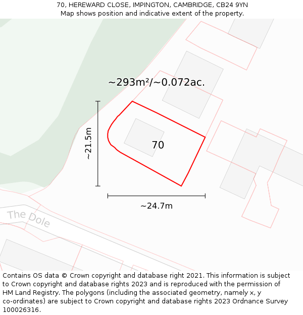 70, HEREWARD CLOSE, IMPINGTON, CAMBRIDGE, CB24 9YN: Plot and title map
