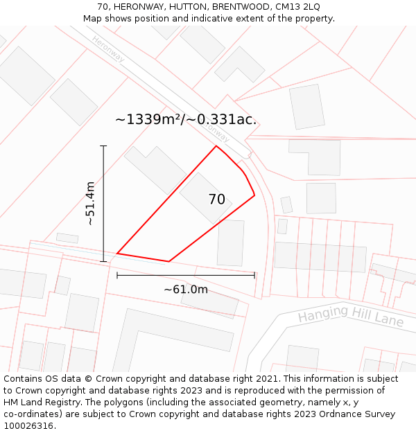 70, HERONWAY, HUTTON, BRENTWOOD, CM13 2LQ: Plot and title map