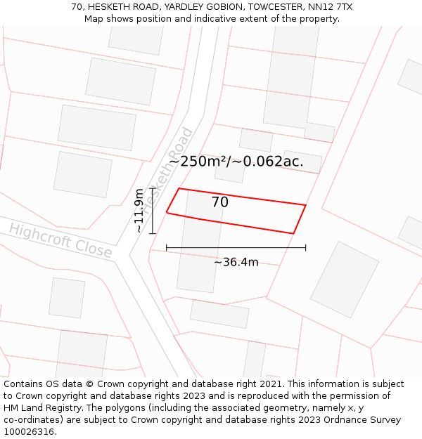 70, HESKETH ROAD, YARDLEY GOBION, TOWCESTER, NN12 7TX: Plot and title map