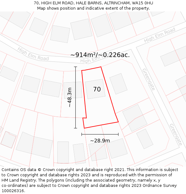 70, HIGH ELM ROAD, HALE BARNS, ALTRINCHAM, WA15 0HU: Plot and title map