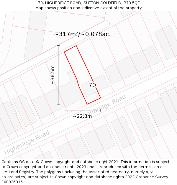 70, HIGHBRIDGE ROAD, SUTTON COLDFIELD, B73 5QE: Plot and title map