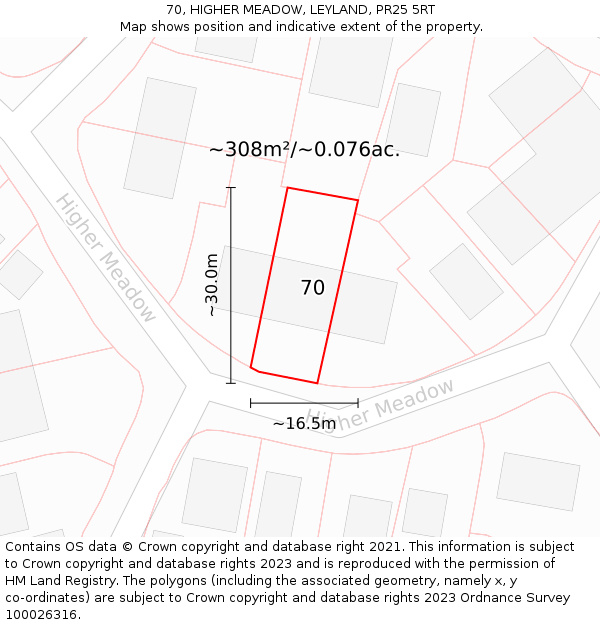 70, HIGHER MEADOW, LEYLAND, PR25 5RT: Plot and title map