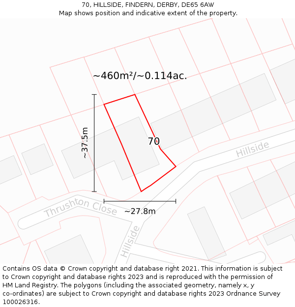 70, HILLSIDE, FINDERN, DERBY, DE65 6AW: Plot and title map