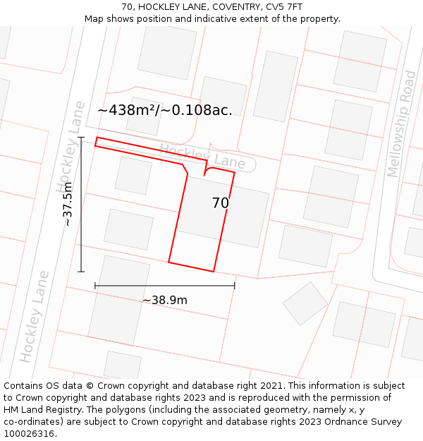 70, HOCKLEY LANE, COVENTRY, CV5 7FT: Plot and title map