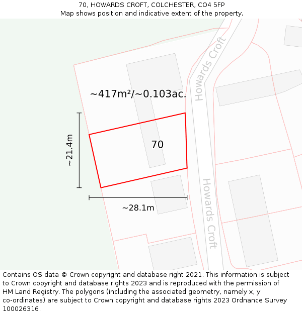 70, HOWARDS CROFT, COLCHESTER, CO4 5FP: Plot and title map