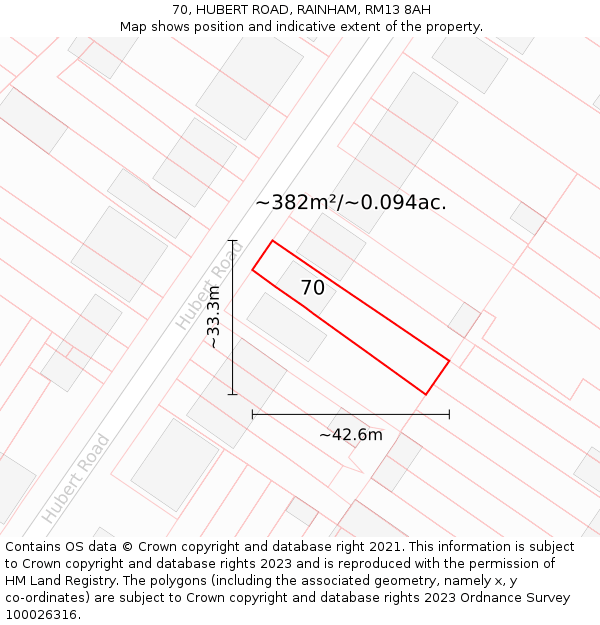 70, HUBERT ROAD, RAINHAM, RM13 8AH: Plot and title map