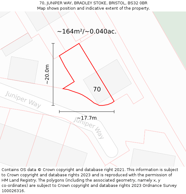 70, JUNIPER WAY, BRADLEY STOKE, BRISTOL, BS32 0BR: Plot and title map