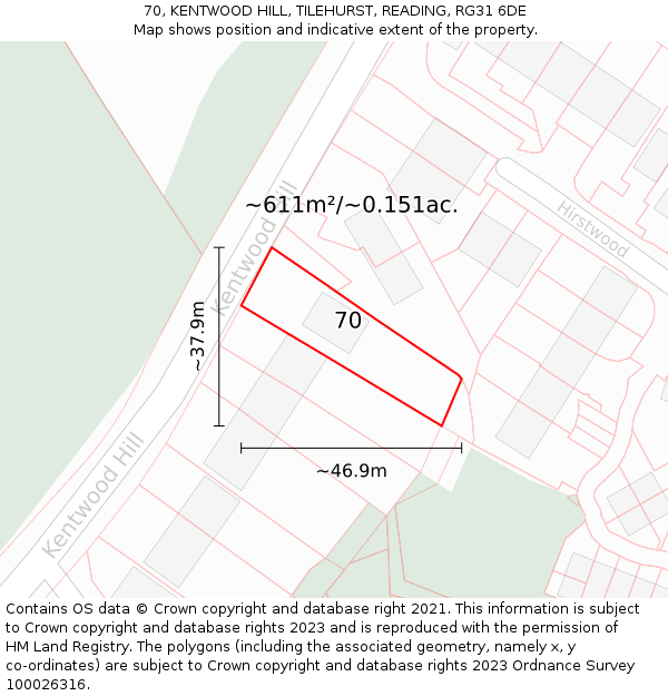 70, KENTWOOD HILL, TILEHURST, READING, RG31 6DE: Plot and title map
