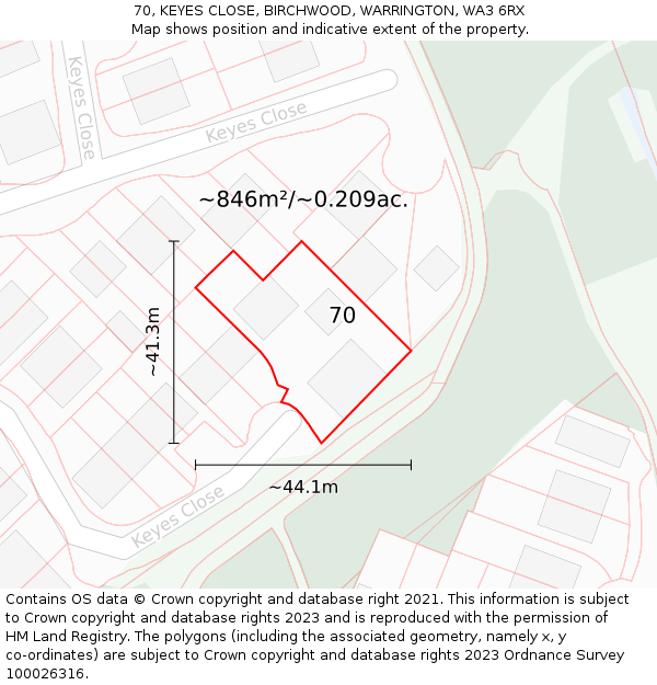 70, KEYES CLOSE, BIRCHWOOD, WARRINGTON, WA3 6RX: Plot and title map