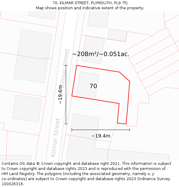 70, KILMAR STREET, PLYMOUTH, PL9 7FJ: Plot and title map
