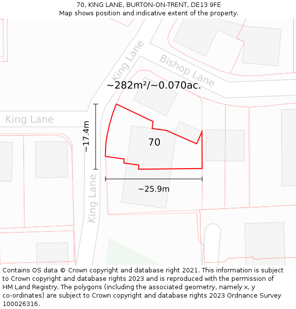 70, KING LANE, BURTON-ON-TRENT, DE13 9FE: Plot and title map