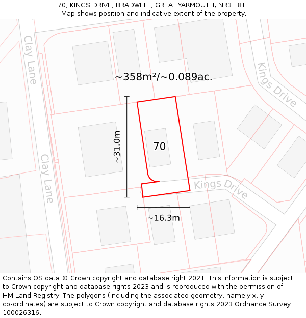 70, KINGS DRIVE, BRADWELL, GREAT YARMOUTH, NR31 8TE: Plot and title map