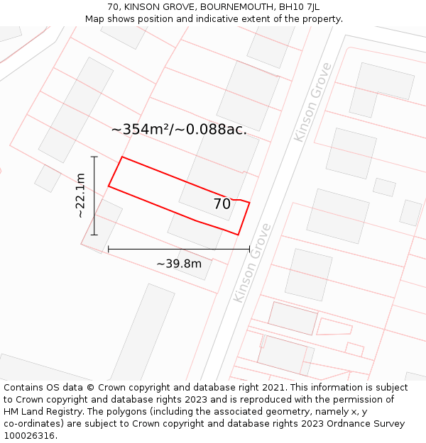 70, KINSON GROVE, BOURNEMOUTH, BH10 7JL: Plot and title map